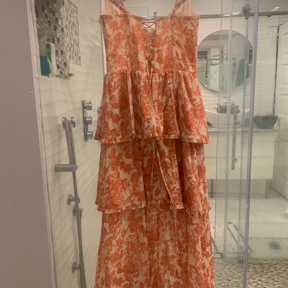 V. Chapman Coral Pink Floral Tiered High-Low Wedding Dress - Picture 8 of 9